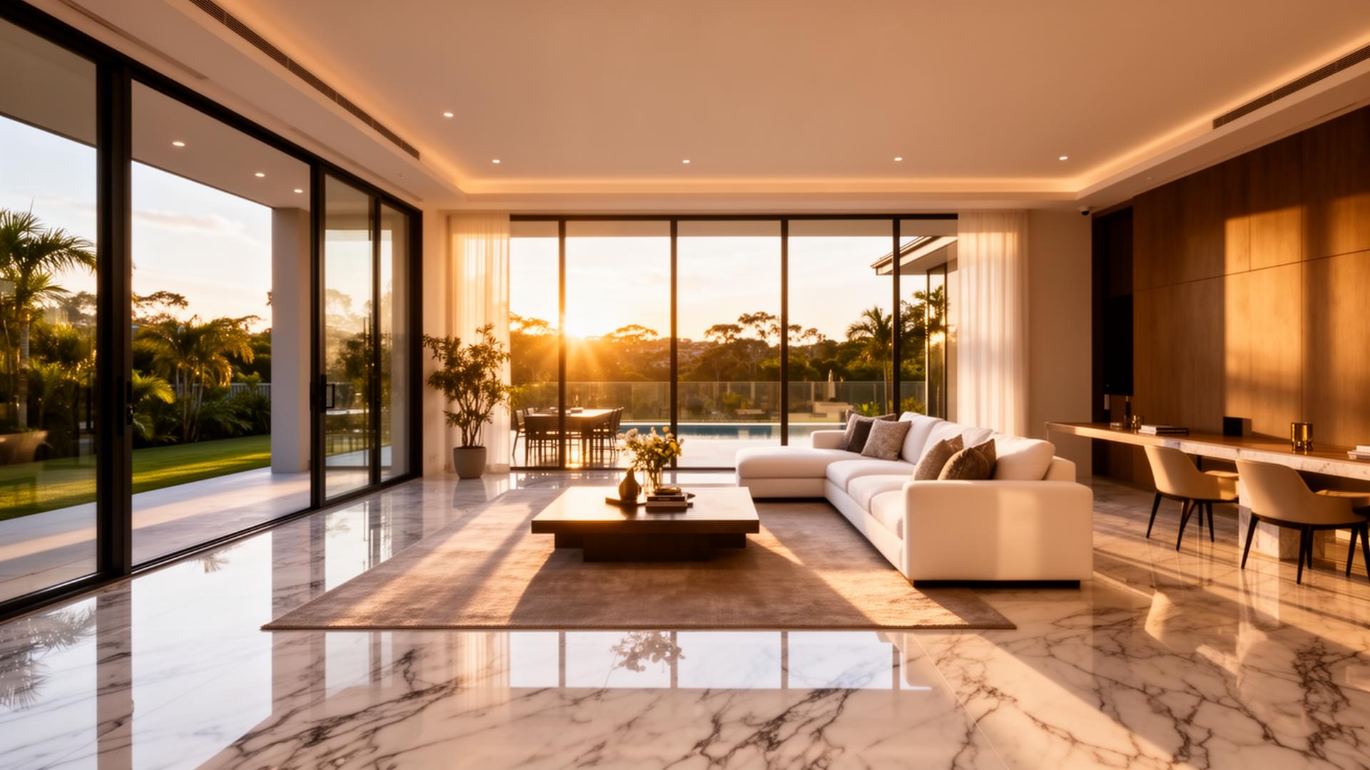 Spotless modern Brisbane luxury home interior at golden hour